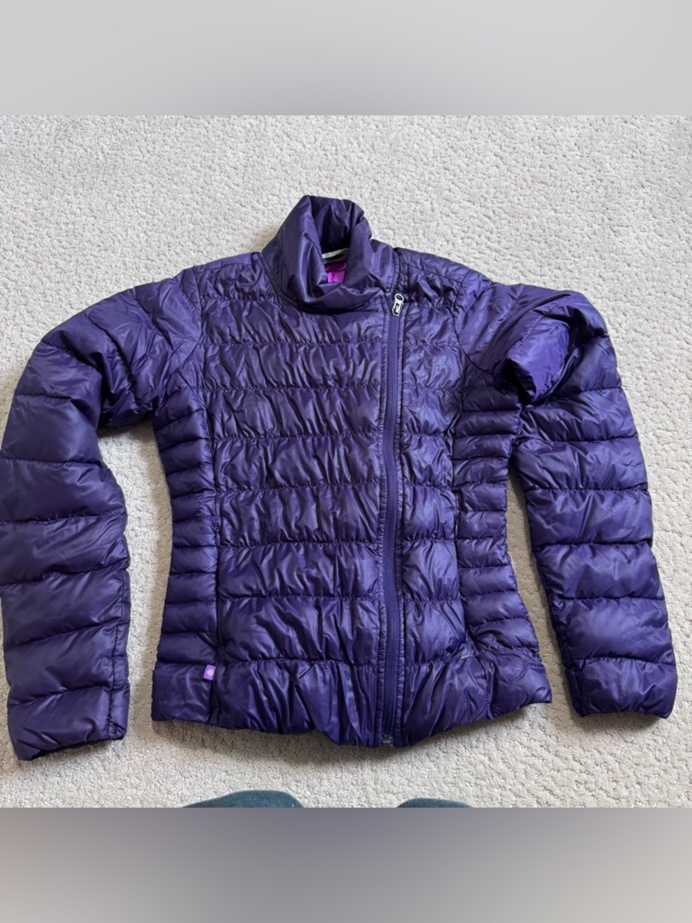 Athleta Downalicious Asymmetric Zip Goose Down Puffer Jacket XXS Purple 929527
